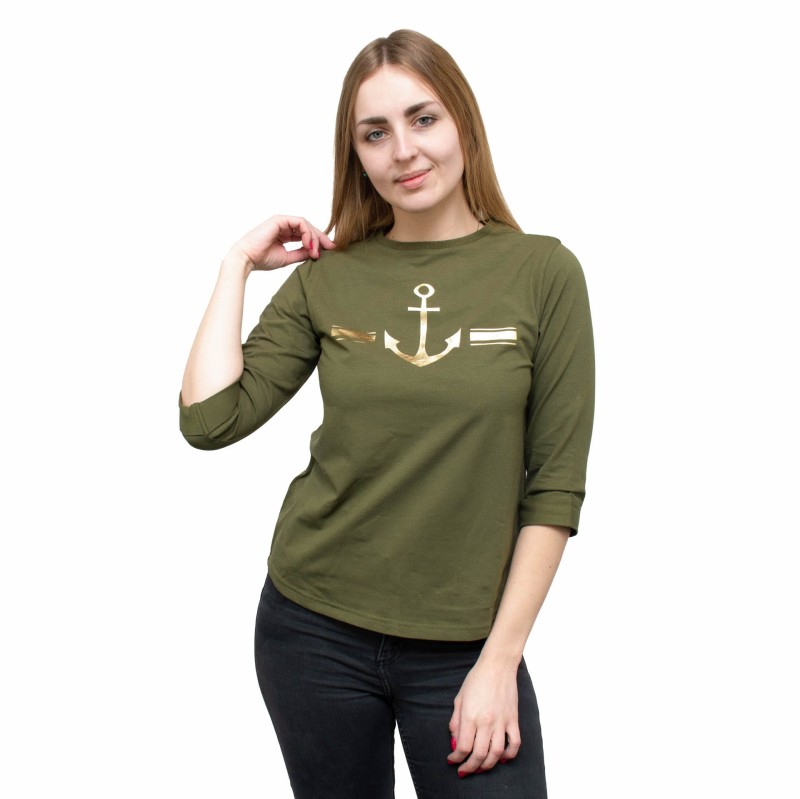 bluzka, koszulka, bawełniana, z kotwicą, khaki, 3/4 rękaw, modna, wygodna, przyjemna w dotyku, na różne okazje,