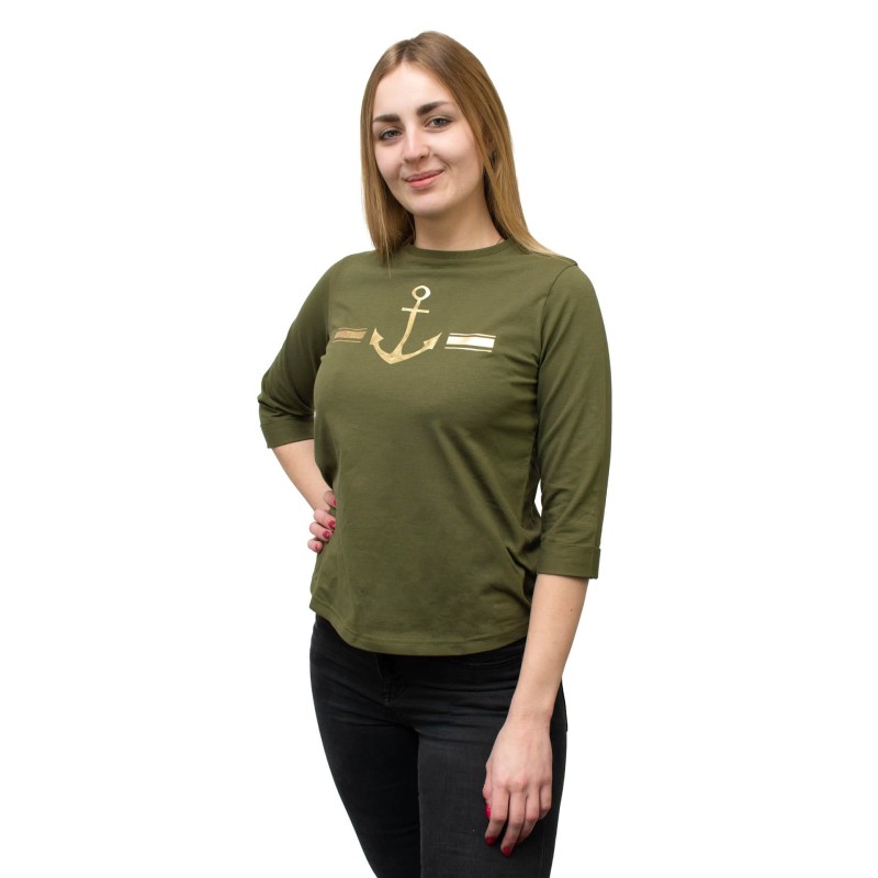 bluzka, koszulka, bawełniana, z kotwicą, khaki, 3/4 rękaw, modna, wygodna, przyjemna w dotyku, na różne okazje,