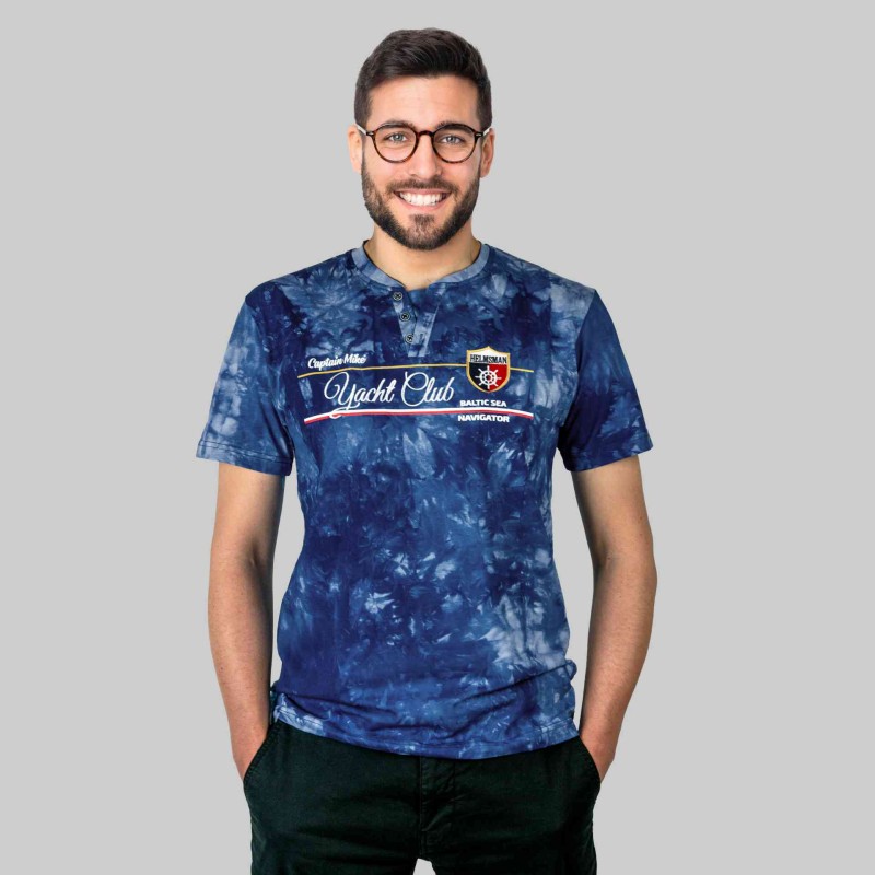 KOSZULKA Męska T-SHIRT Haft DELIKATNA Bawełna CAPTAIN MIKE Niebieska