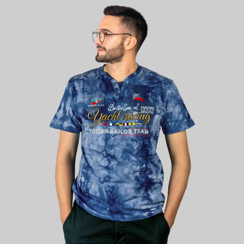 KOSZULKA Męska T-SHIRT Haft DELIKATNA Bawełna CAPTAIN MIKE Niebieska