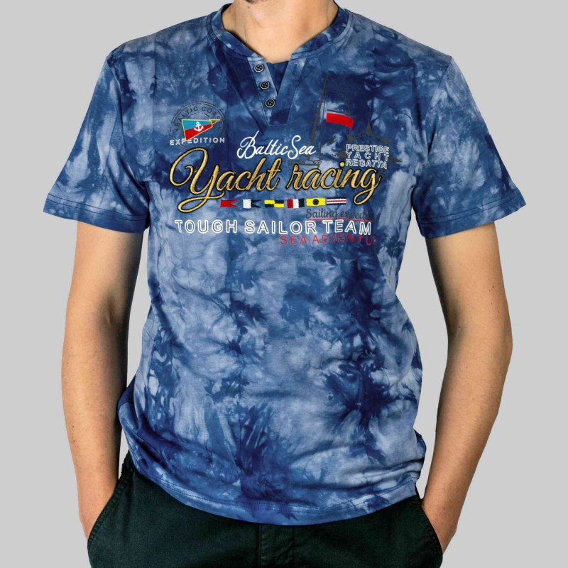 KOSZULKA Męska T-SHIRT Haft DELIKATNA Bawełna CAPTAIN MIKE Niebieska