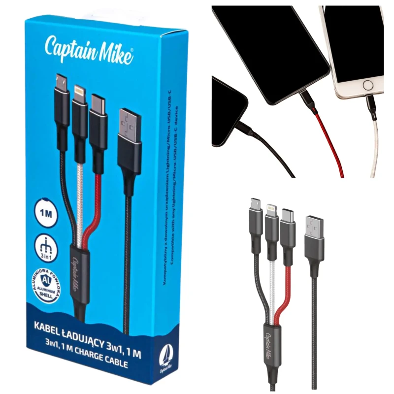 Kabel 3w1 1m USB-C / Micro-USB / Lightning – Wszechstronność w jednym kablu!