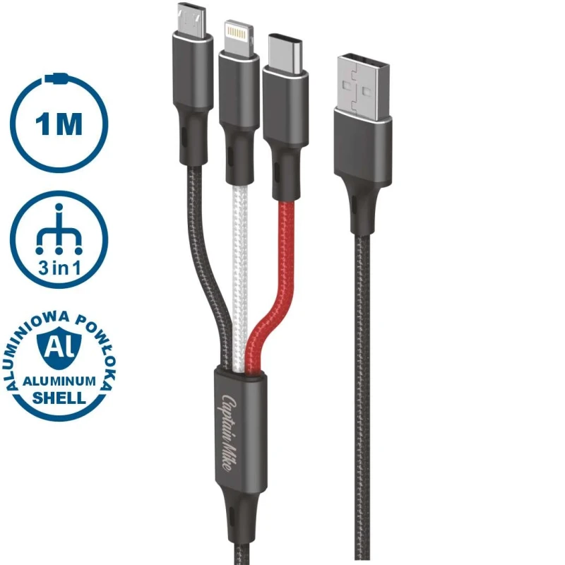 Kabel 3w1 1m USB-C / Micro-USB / Lightning – Wszechstronność w jednym kablu!