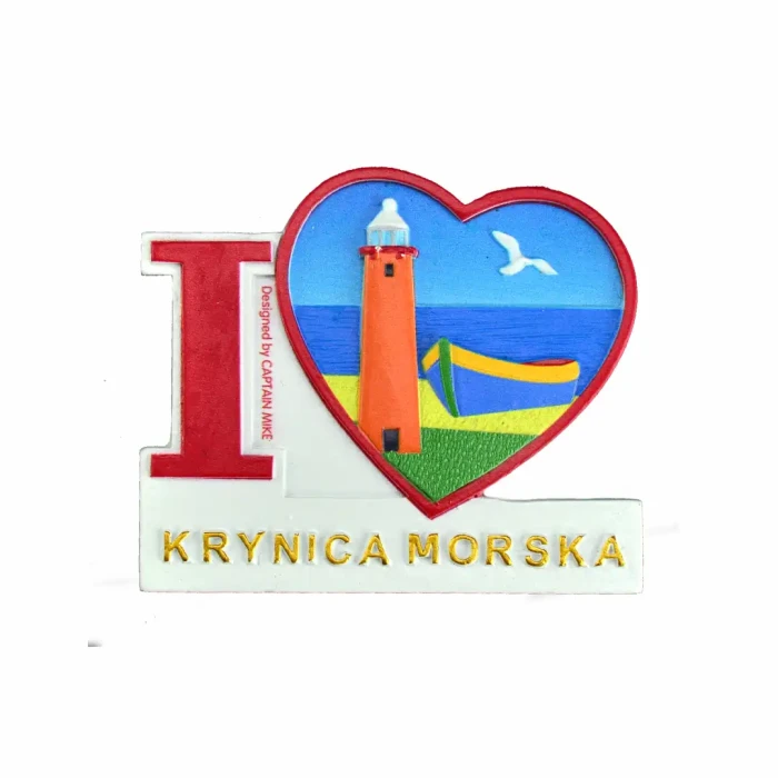 Magnes na lodówkę Pamiątka Serce I LOVE KRYNICA  MORSKA Captain Mike
