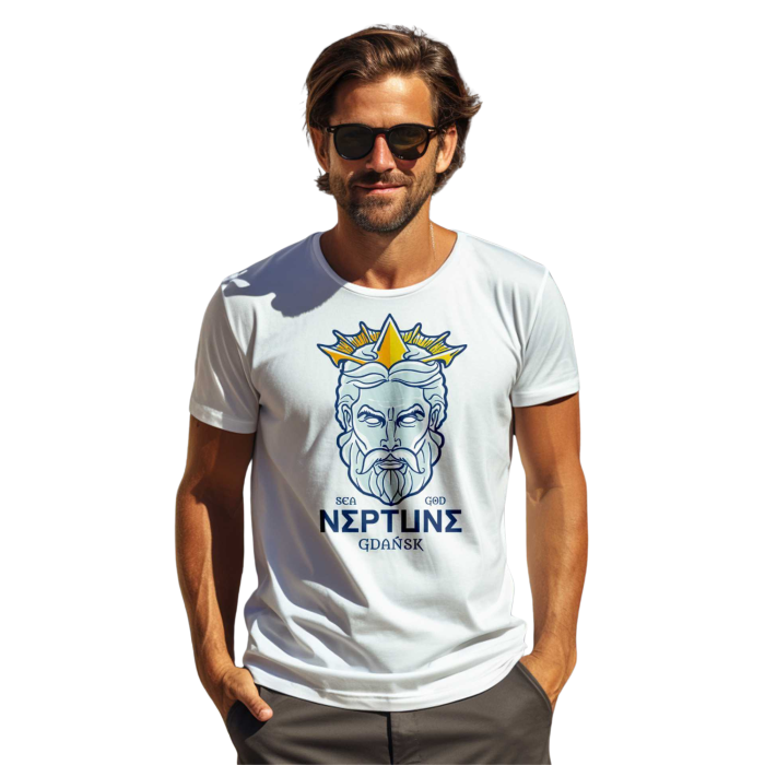 Koszulka męska bawełna turecka biała z nadrukiem NEPTUNE GDAŃSK, DANZIG T-shirt Captain Mike