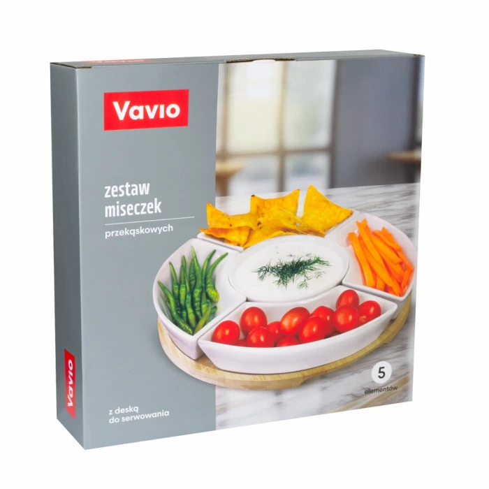 Zestaw 5 porcelanowych miseczek przekąskowych z deską VAVIO