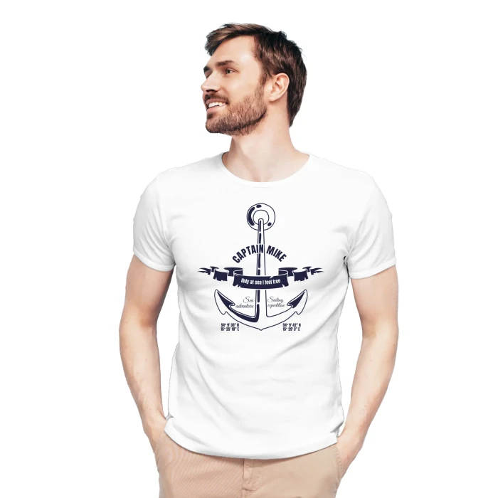 Koszulka męska BAWEŁNA TURECKA biała z nadrukiem, T-shirt Captain Mike 