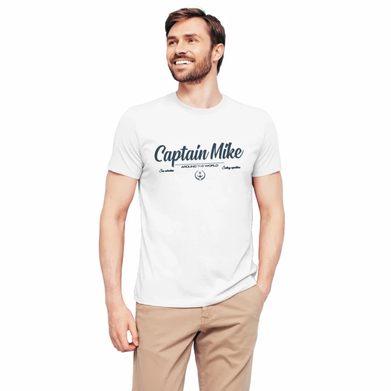 Koszulka męska BAWEŁNA TURECKA biała T-shirt z nadrukiem Captain Mike