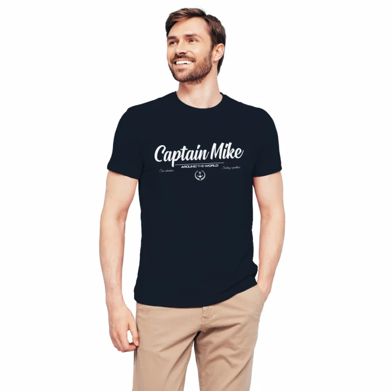 Koszulka męska BAWEŁNA TURECKA granatowa T-shirt z nadrukiem Captain Mike
