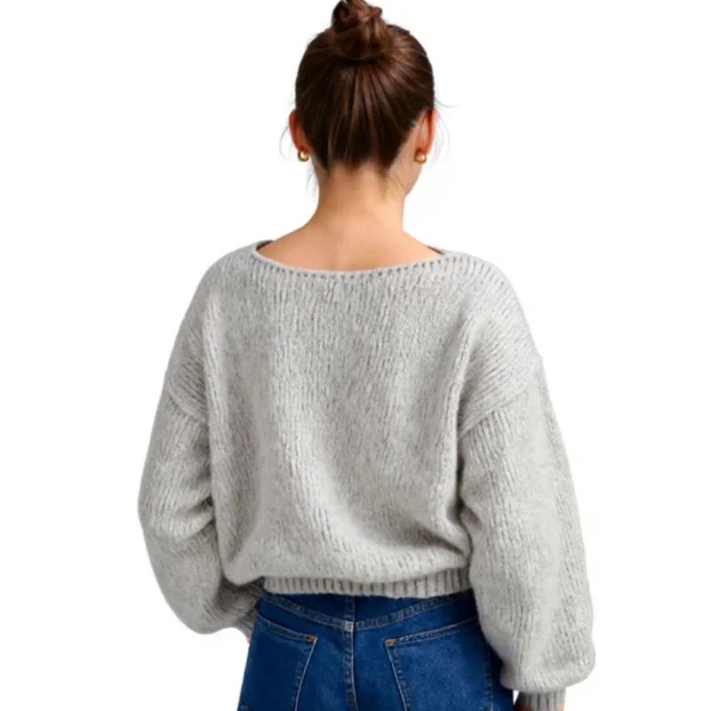 Ciepły sweter damski szary oversize miękki elegancki, klasyczny dekolt Captain Mike