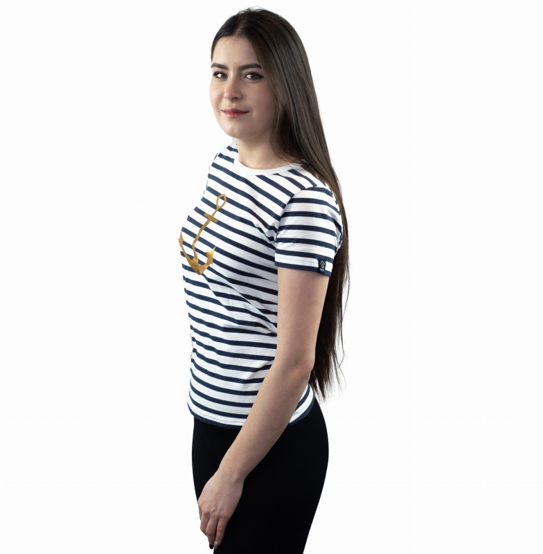 certyfikat OEKO-TEX, koszulka, damska, t-shirt, bawełniana, elastyczna, markowa, kardio, dopasowany krój, wygodna na rożne okazje, na lato, na jesień, na wiosnę, KOTWICA, w paski, marynarska